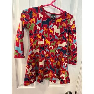 Villervalla Horse Dress Red Organic Cotton Dala Print Long Sleeve Kids 92 Bin A